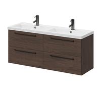 Napoli Wall Mounted Vanity Unit with Polymarble Double Basin and 4 Drawers with Gunmetal Grey Handles | Brown Oak | MDF | 1200mm