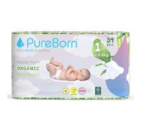 Nappies Pure Organic Bamboo Nappies - Nappies Size 1 Hypoallergenic 34-Nappies Ultra Soft (Up to 5Kg) 100% Plant Based Eco Friendly Assorted Print PureBorn