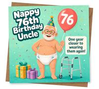 Nappy 76th Birthday Uncle Card, Funny Milestone Birthday Card for Uncle, Humorous Age 76 Party Design with Balloon and Gift Illustration