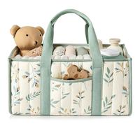 Nappy Caddy Organiser, Newborn Essentials Diaper Caddy for Nappy Station with Detachable Compartments, Sturdy & Portable Stylish Storage Basket, Baby Shower Gifts for Boy or Girl (Green Leaves)
