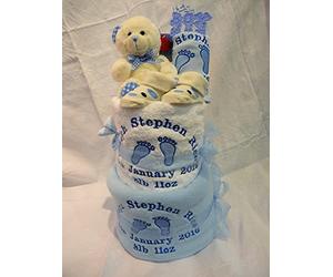 Nappy Cake 2 Tier Personalised for a boy or Girl Baby Hamper Baby Shower Gift Blanket Teddy bib Shoes Towel with Footprints Design (Lemon)