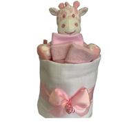 Nappy Cake Pink Baby Gift - Muslin Square wrap 9 Premium Nappies, Baby Bib Socks and Plush Soft Giraffe
