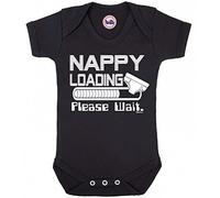 NAPPY LOADING PLEASE WAIT - Boys or Girls Organic Cotton Short Sleeve Novelty Bodysuit Babygrow (12-18 Months, Black)