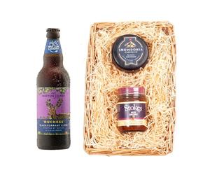 Napton Cider Wicker Tray | Duchess Blackcurrant Cider 3.4% ABV 500ml | Snowdonia Black Bomber Cheese | Stokes Beer Chutney | Luxury Artisan Gift Basket