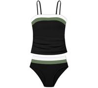 NAPU Girls Swimsuit Color Block Tankini Quick Dry 2 Piece Swimsuit for Girls 9-16 Years Teen Swimwear Summer, Black and dark green, 11-12 Years
