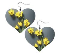 Narcissus Flower Double-Sided Faux Leather Large Dangle Earrings for Women Heart-Shape Lightweight Spring Winter Decorative Earrings for Holiday Concert Party Decor Gifts
