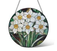 Narcissus Flowers Stained Glass Window Hanging,December Birth Flower Suncatcher Garden Decor Birthday Gifts,Sun Catchers Home Decoration for Bedroom Kitchen Windows,Christmas 20cm