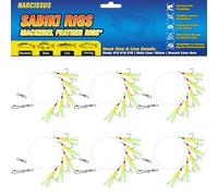 Narcissus Mackerel Feather Rigs, 6 Pack Pre-Tied Sabiki Rigs for Sea Fishing with 30 Hooks, Luminous Beads & Bionic Insects, Perfect for Mackerel, Pollock, Cod, Herring, Bass