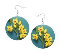 Narcissus Round Faux Leather Earrings Personalized Double-Side Dangle Earrings Lightweight Drop Earrings for Holiday Birthday Christmas Party Gifts for Her