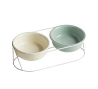 Naroote Ceramic Elevated Cat Bowls, Metal Frame 2 Detachable Ceramic Cat Bowls with Cervical Spine Protection Design, Reducing Neck Strain & Aiding Digestion for Pets (Beige + Light Green Double)