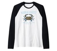 Narragansett Rhode Island Crab Town Since 1671 Cyan Letters Raglan Baseball Tee