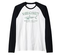 Narragansett Rhode Island Shark Fishing Dark Green Letters Raglan Baseball Tee