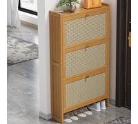 Narrow Bamboo Shoe Storage Cabinet 2/3 Drawer Freestanding Footwearwith Flip Doors & Pull Down Rack for Hallways & Living Rooms (68x17x121cm) - XIEGUI002