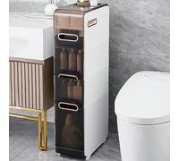 Narrow bathroom cabinet with 4 shelves, high base, plastic doors and casters - a space-saving storage solution for small bedrooms. Versatile solution.