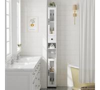 Narrow Bathroom Cabinet with Frosted Glass Doors Adjustable Shelves Magnetic Closure Tall Storage Unit White Modern Style for Small Spaces SpaceSaving Design