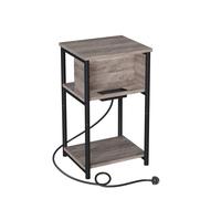 Narrow Bedside Table with Charging Station, Heather Greige and Ink Black