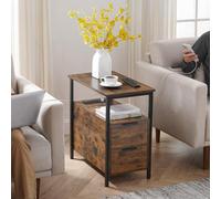 Narrow Bedside Table With Power Station, Slim End Table With Drawers, Charging Port, Rustic Brown And Classic Black