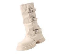 Narrow Boots for Skinny Legs, Womens Fold Over Slouchy Calf Wide Fit Boots Low Heel Mid-Calf Round Toe Booties Thick Bottom Chunky Heels Pull On Riding Biker Costume Shoes for Ladies Girls White