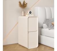 Narrow Faux Leather Nightstand, Solid Wood with 2 Drawers, Small End Table for Sofa, Dark Gray