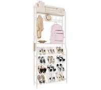Narrow Metal Shoe Rack with Coat Hanger, Space-Saving Entryway, Tall Shoe Storage with 4 Slanted Shelves & Top Shelf, Anti-Tip Design for Front Door