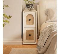 Narrow Nightstand, Modern Bedside Table with 2 Drawers, Rattan Wood Slim End Table for Small Spaces, Fully Assembled