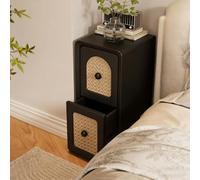 Narrow Nightstand, Modern Bedside Table with 2 Drawers, Rattan Wood Slim End Table for Small Spaces, Fully Assembled