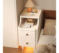 Narrow Nightstand with 2 Drawers and Open Sliding Shelf, Solid Wood Bedside Table, Mid Century Modern Design, Compact End Side Table for Bedroom or Living Room