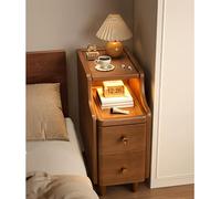Narrow Nightstand with 2 Drawers and Open Sliding Shelf, Solid Wood Bedside Table, Mid Century Modern Compact End Table for Bedroom Living Room