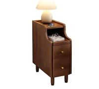 Narrow Nightstand with Drawers & Open Shelf Solid Wood Slim Bedside Table for Small Spaces Walnut Finish 25cm Wide - Perfect for Minimalist Bedrooms