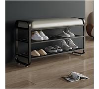 Narrow Shoe Cabinet with Cushioned Seat, 2-Tier Metal Shoe Rack for Entryway, Stylish Black Shoe Storage nizer, 80cm Space-Saving Design for Hallway