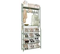 Narrow Shoe Rack with Coat Rack for Front Door Entrance, Tall Metal Shoes Rack Storage Organizer with 4 Slanted Shelves and Top Shelf for Entryway, Skinny Space Saving Shoe Rack with Anti-tippling Dev