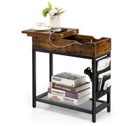 Narrow Side Table End Table Nightstand w/ Flip Top & Charging Station