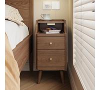 Narrow Solid Wood Nightstand with 2 Drawers & Open Shelf Smart Charging Table with Automatic Sensor Light Ideal for Bedroom Storage (25 x 40 x 50 cm)