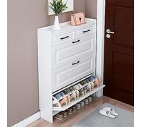 Narrow Space-Saving Shoe Cabinet with Hidden Rack Freestanding Design Flip-Top Bin & 3 Pull-Out Drawers for Entryway Storage Solution