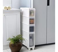 Narrow Tall Bathroom Storage Cabinet, Vertical 4-Drawer Unit with Casters, Space-Saving Organizer for Small Spaces - Slim Freestanding Dresser Tower