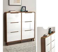 Narrow Wooden Shoe Rack with 6 Foldable Drawers & Adjustable Shelves Walnut & White 120cm L x 18cm W x 120cm H Perfect for Entryway or Bedroom Storage Solutions