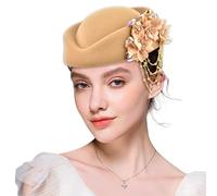 NARUNING Women's Retro Felt Stewardess Hat, Imitation Cashmere Berets, Rhinestone Flower Decor, Elegant Ceremonial Hat (US, Alpha, One Size, Tassel Style-Khaki)