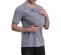 NARUPE Mens Baby Carrier Shirts Multifunctional Pocket Kangaroo for Dad and Baby V Neck Short Sleeve Casual T Shirt (Grey,XXL)
