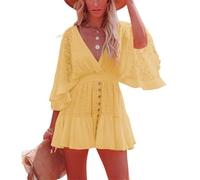 NARUPE Romper Dress for Women 2024 Women's Lace Crochet Romper Dress lace Flowy Dress with Built-in Shorts for Women (Yellow,L)