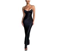 NARUPE Women's Slip Maxi Dress Sleeveless Open Back Backless Lace Up Bandage Criss Cross Mermaid Satin Party Dress (Black,S)