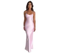 NARUPE Women's Slip Maxi Dress Sleeveless Open Back Backless Lace Up Bandage Criss Cross Mermaid Satin Party Dress (Pink,S)