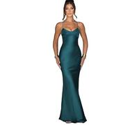 NARUPE Women's Slip Maxi Dress Sleeveless Open Back Backless Lace Up Bandage Criss Cross Mermaid Satin Party Dress (Green,L)