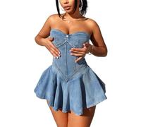 NARUPE Women's Summer Denim Dress Sexy Off Shoulder Strapless Bustier Corset Tube Ruffl Pleated Mini Jean Dress (Blue,L)