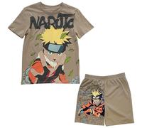 Naruto Boy's Jumbo Print Fashion Tee & Mesh Shorts 2pc Set T-Shirt, Taupe, 10-12