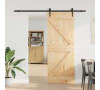 Narvik Sliding Door, Natural and Black, 80 x 210 cm (213.5 cm), Solid Pine Wood, Powder-Coated Steel, Interior, Space-Saving, Sliding Mechanism at the Top