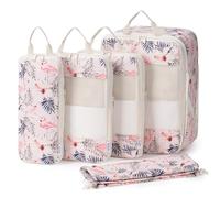 Narwey 5 Set Compression Packing Cubes for Suitcases and Backpack, Suitcase Organiser Bags Travel Compression Packing Cubes Shoes Bags for Carry on Hand Luggage Travel Essentials (Beige Flamingo)