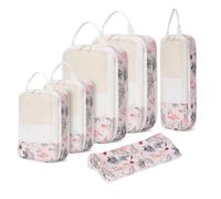 Narwey 6 Set Compression Packing Cubes for Suitcases and Backpack, Travel Suitcase Organiser Packing Storage Bags Shoes Bags for Carry on Hand Luggage Travel Essentials (Beige Flamingo)