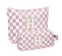 Narwey Personalised Birthdays Gifts Makeup Bag for Women, Christmas Friendship Gifts for Her, Make up Cosmetic Bag, Toiletry Wash Bags Travel Accessories Holiday Essentials (Dusty Pink Checkerboard H)