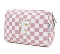 Narwey Personalized Makeup Bag Gifts for Women, Large Checkered Personalized Initial Cosmetic Bag Birthday Gifts for Girls (Dusty Rose Checkerboard Letter F)
