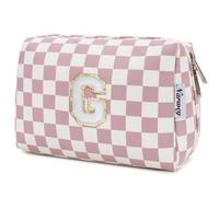 Narwey Personalized Makeup Bag Gifts for Women, Large Checkered Personalized Initial Cosmetic Bag Birthday Gifts for Girls (Dusty Rose Checkerboard Letter G)